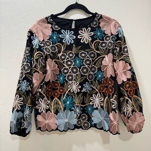 Valentino Blouse Embroidered Floral Black Multicolor Women's Large Italy